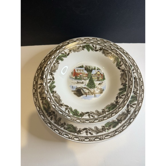 Gibson Home Christmas Village Dinner Plates & Bowl Set Holiday Winter Scene - Picture 5 of 8